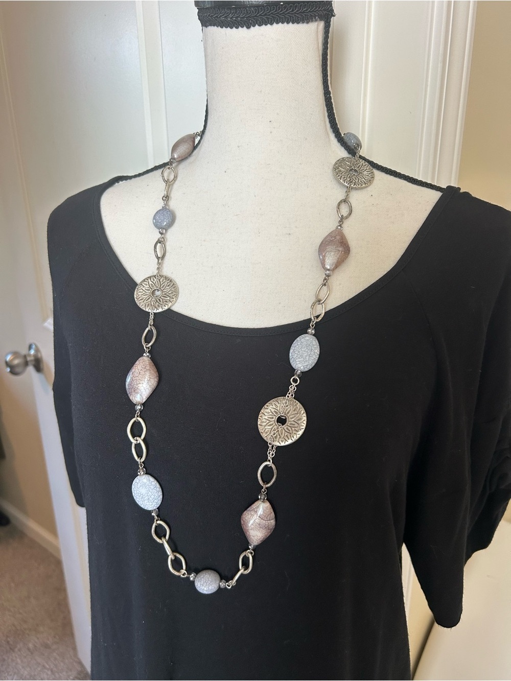 Long Beaded Statement chunky Necklace in Silver and Taupe